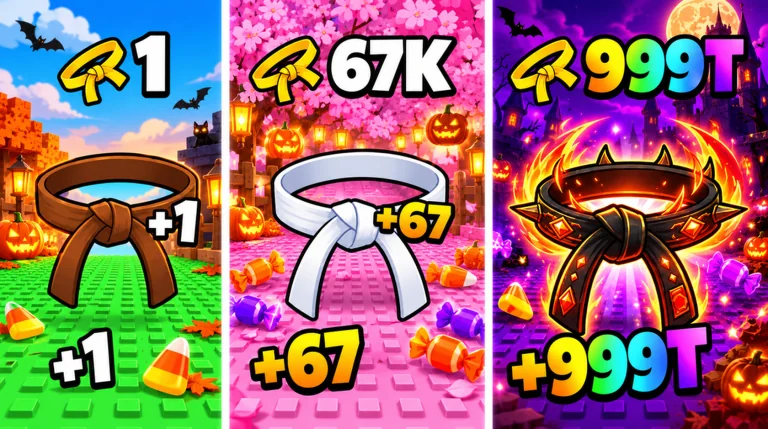 Official promotional artwork compares brown, white and flaming black belts in green, pink and purple settings.