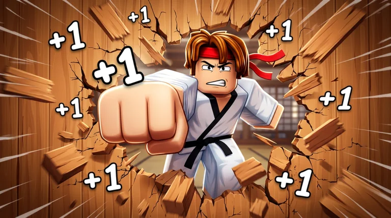 Official +1 Karate Evolution promotional art: a white-Gi avatar with a red headband punches through wooden boards.