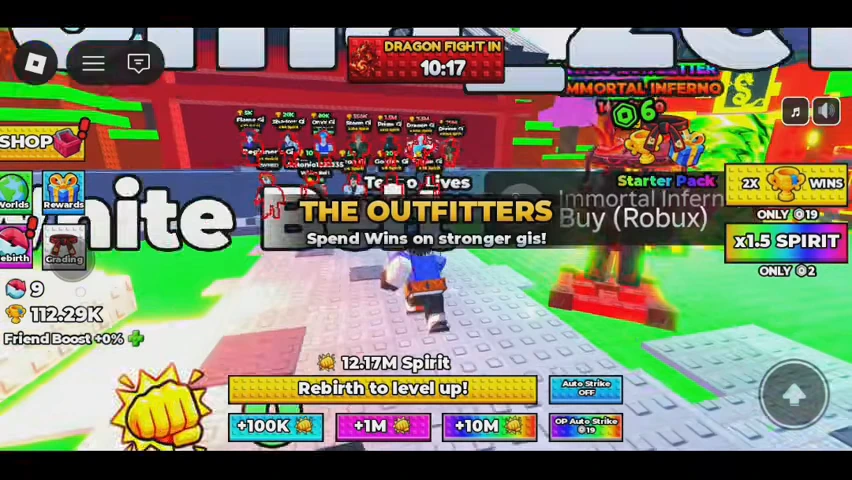 Captured gameplay at00:15 shows THE OUTFITTERS sign: Spend Wins on stronger gis.